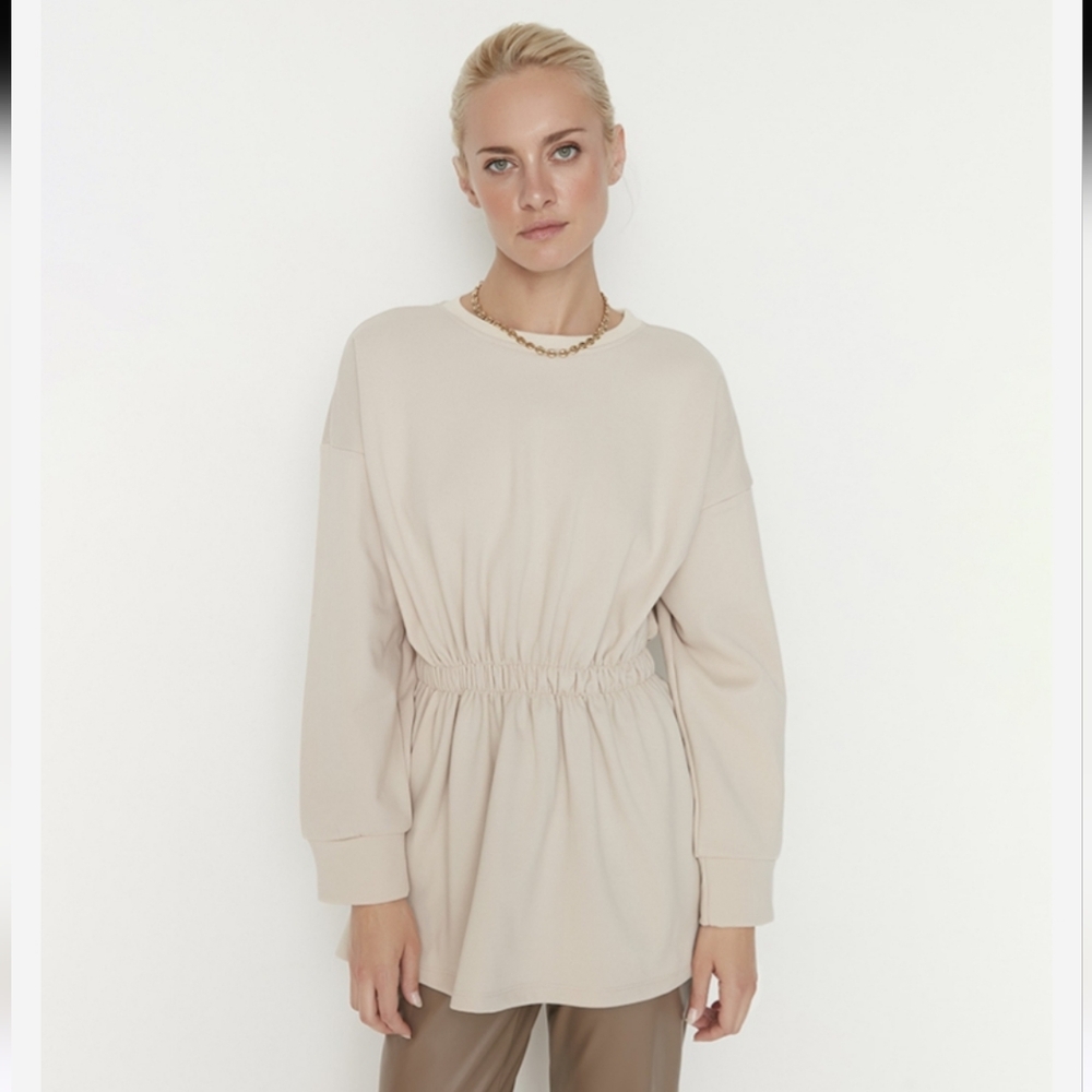 Trendyol Beige Cinch Waist Knit Sweater Size L